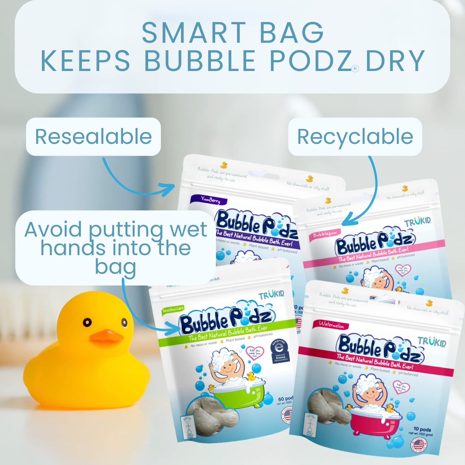 TruKid Bubble Podz pH-balanced bubbles help maintain skin balance.