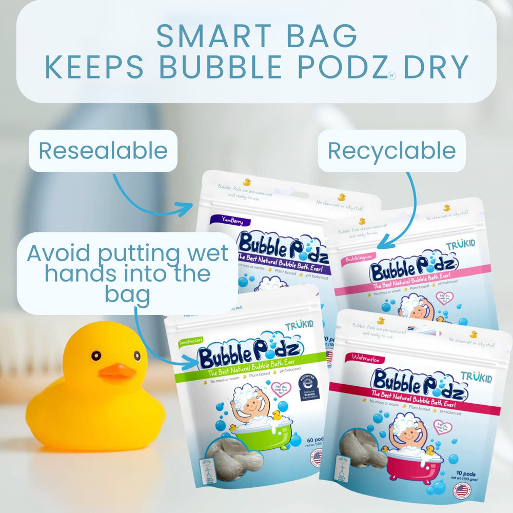 TruKid Bubble Podz pH-balanced bubbles help maintain skin balance.