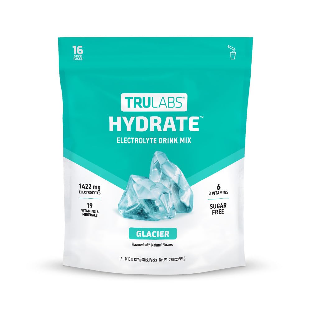 TRULABS Hydrate Glacier stick pack closeup for easy, sugar-free hydration on the go.