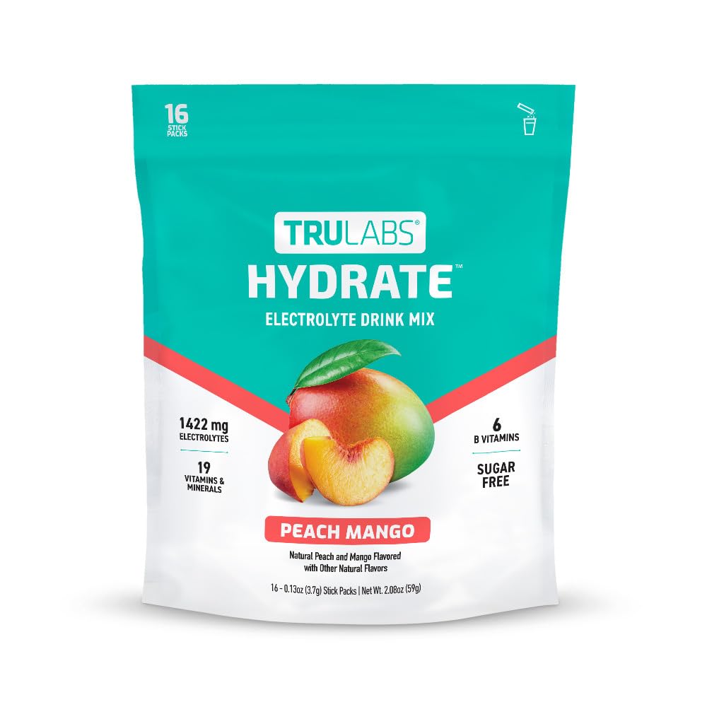 TRULABS Hydrate Peach Mango bottle showing sugar-free electrolyte refresh for workouts