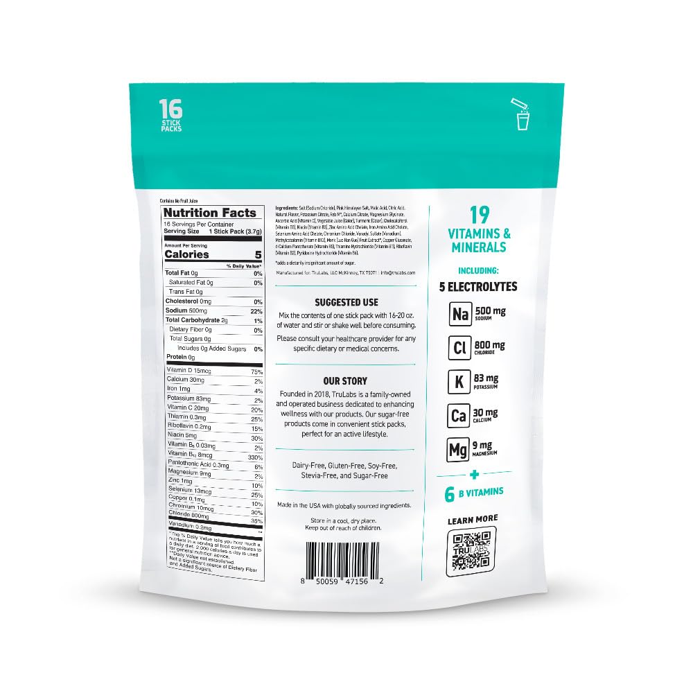 TRULABS Hydrate Peach Mango nutrition panel highlights electrolytes and vitamins