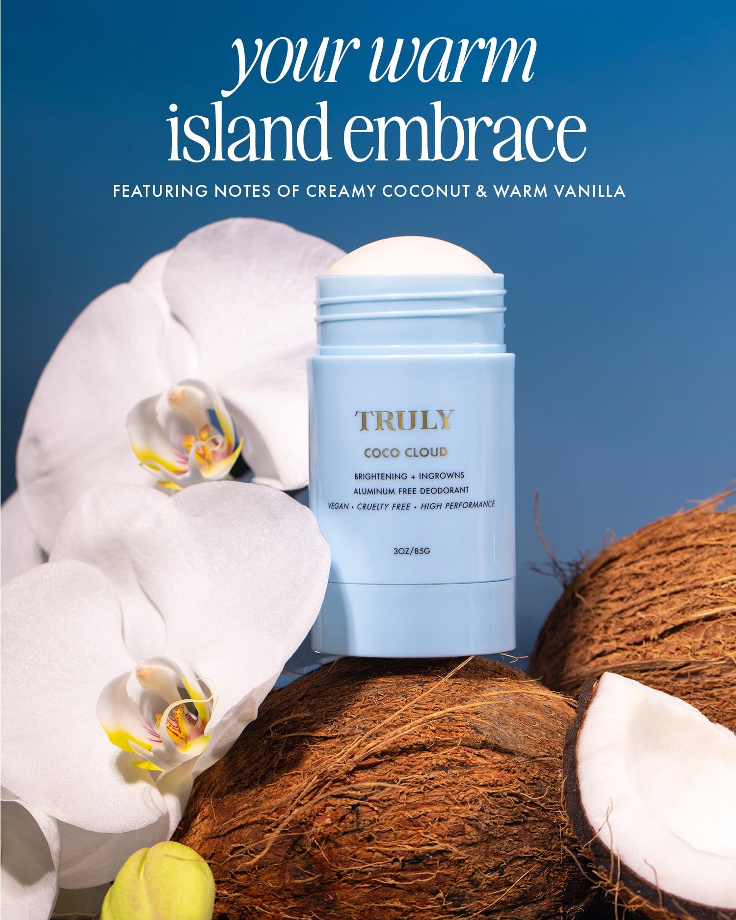 Truly Coco Cloud deodorant texture swatch suggests smooth, creamy glide for underarm comfort.