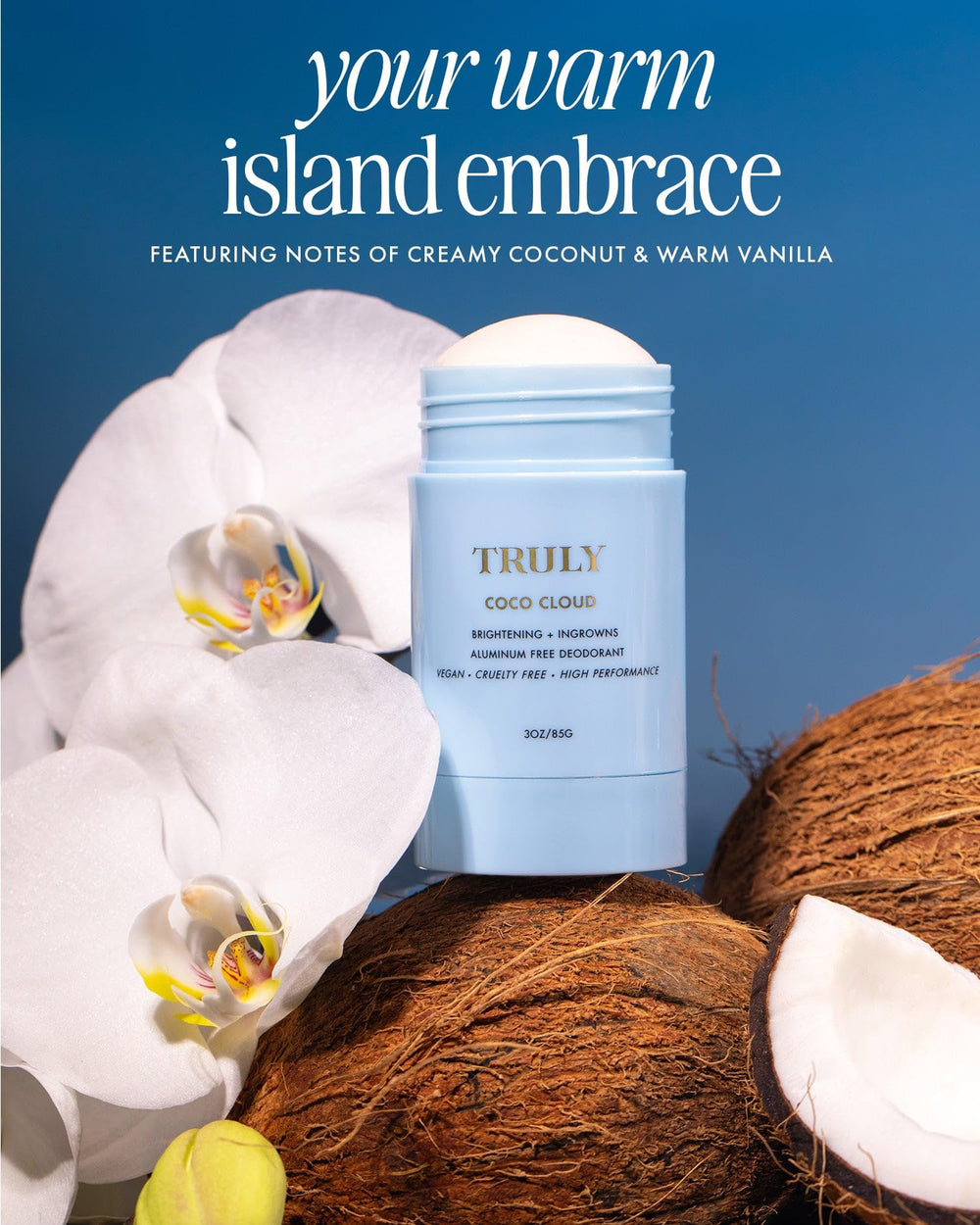 Truly Coco Cloud deodorant texture swatch suggests smooth, creamy glide for underarm comfort.