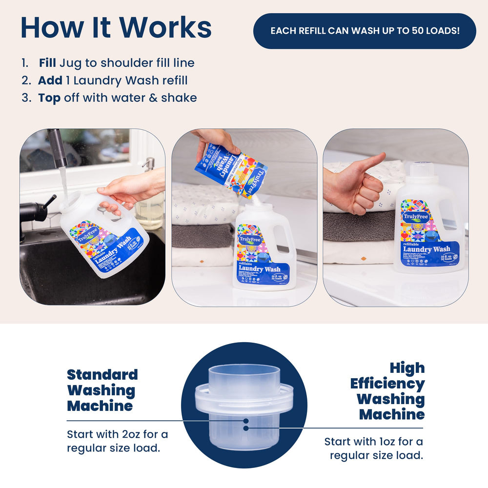 Truly Free long-lasting value with about 50 loads per jug.