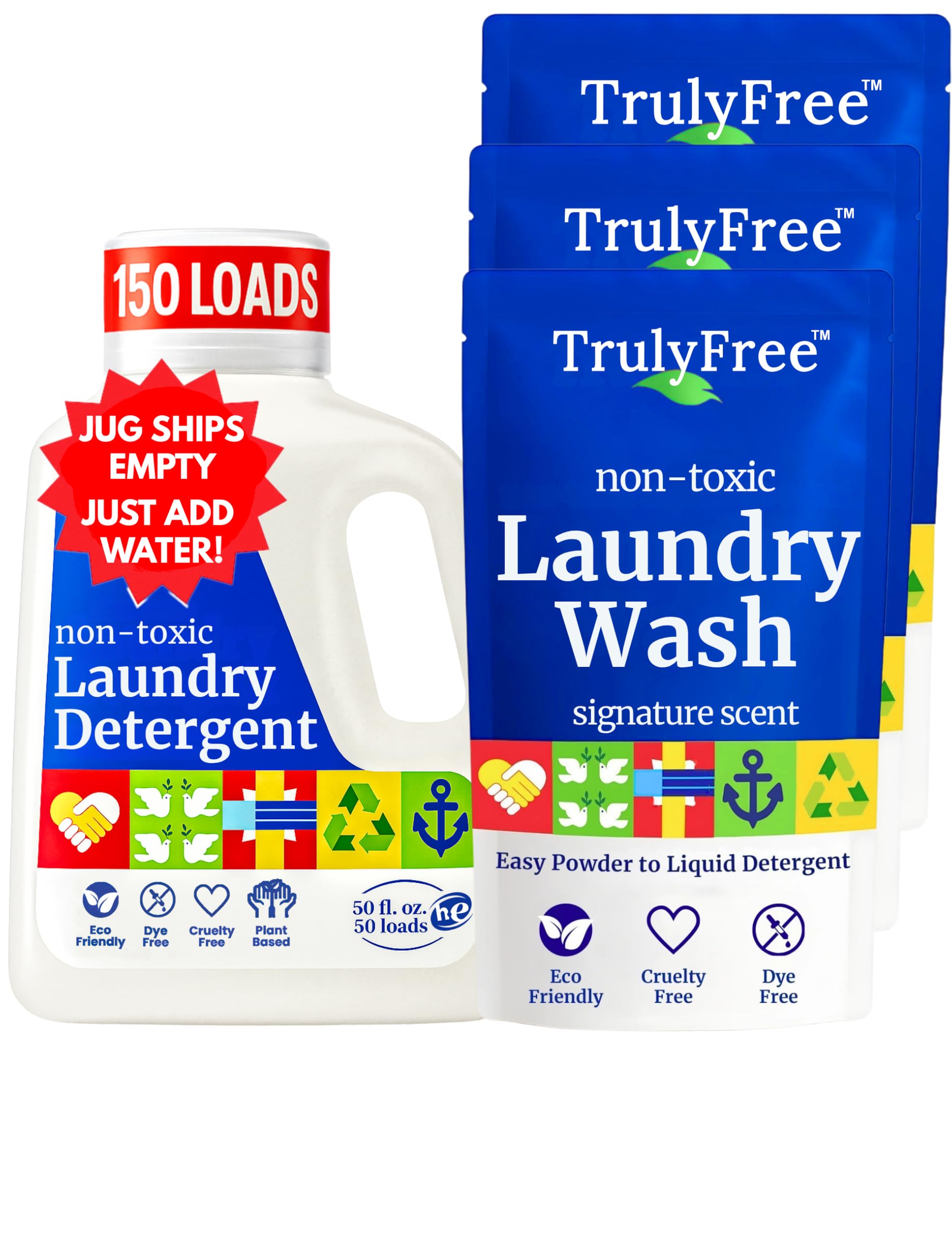 Truly Free detergent pour bottle for easy dosing and gentle cleaning.