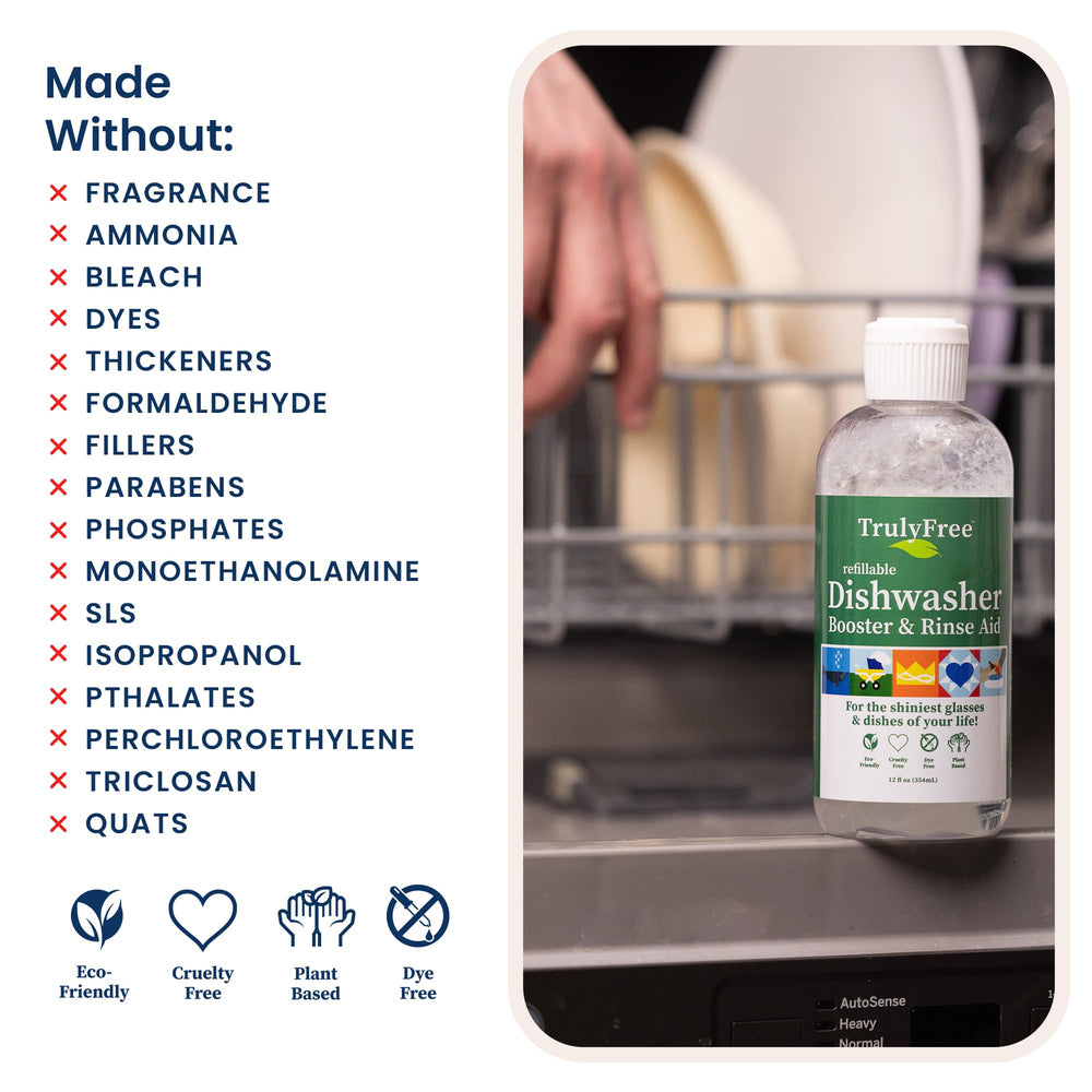 Truly Free dishes after wash sparkle, suggesting effective stain and residue removal.