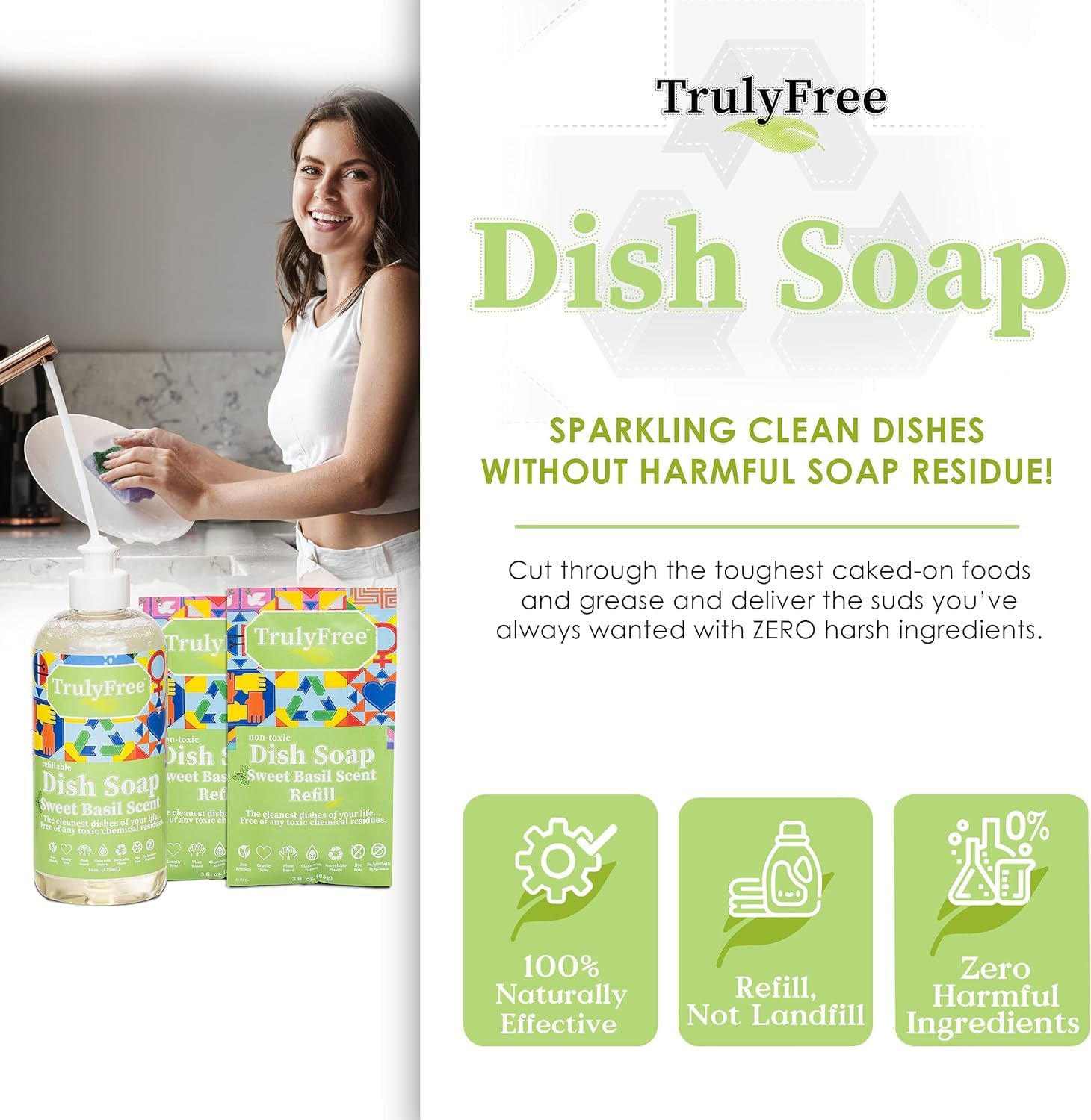 Bubbles cover dishes, showcasing strong grease lifting by Truly Free.