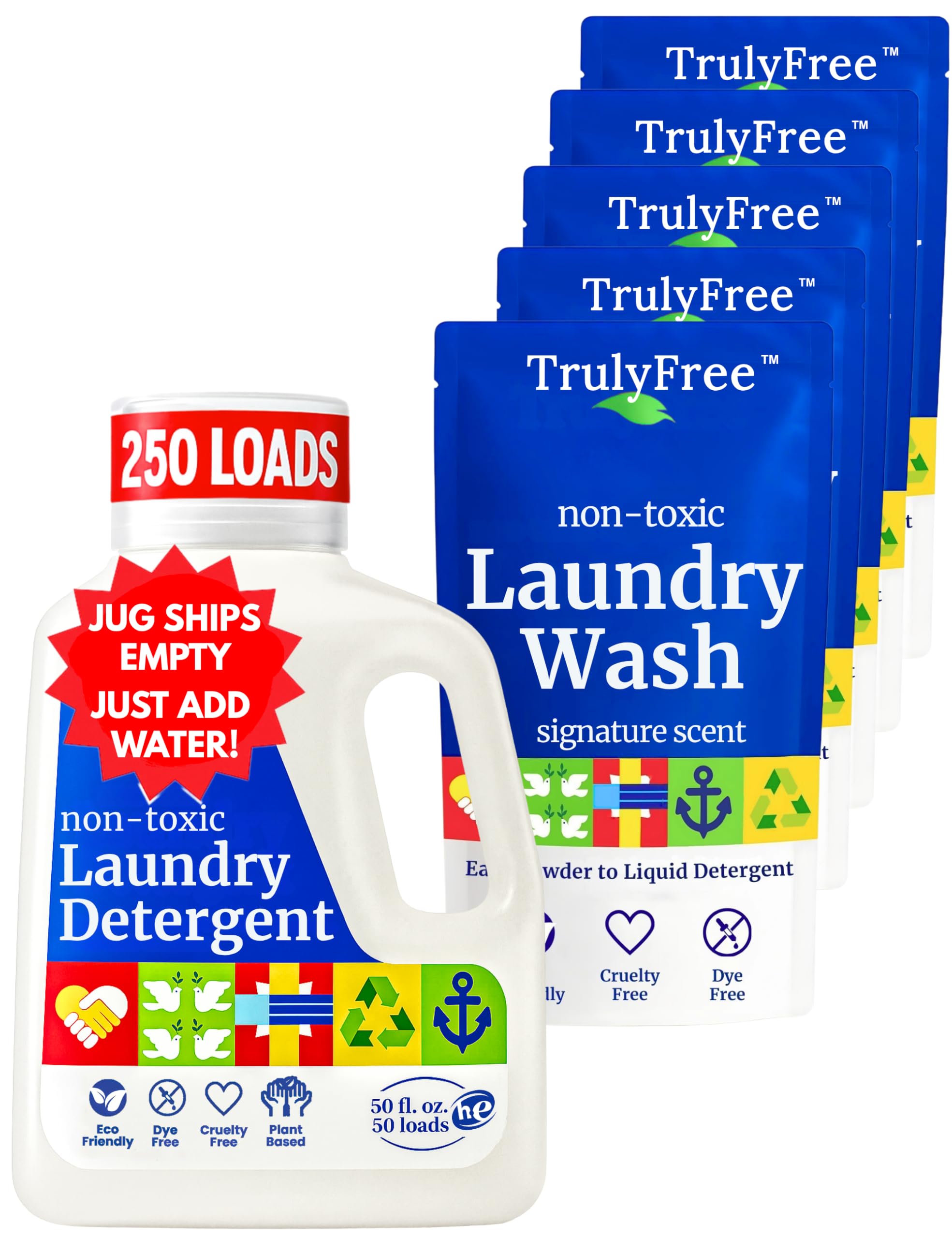 Truly Free laundry detergent bottle pour for easy, gentle cleaning on sensitive skin.