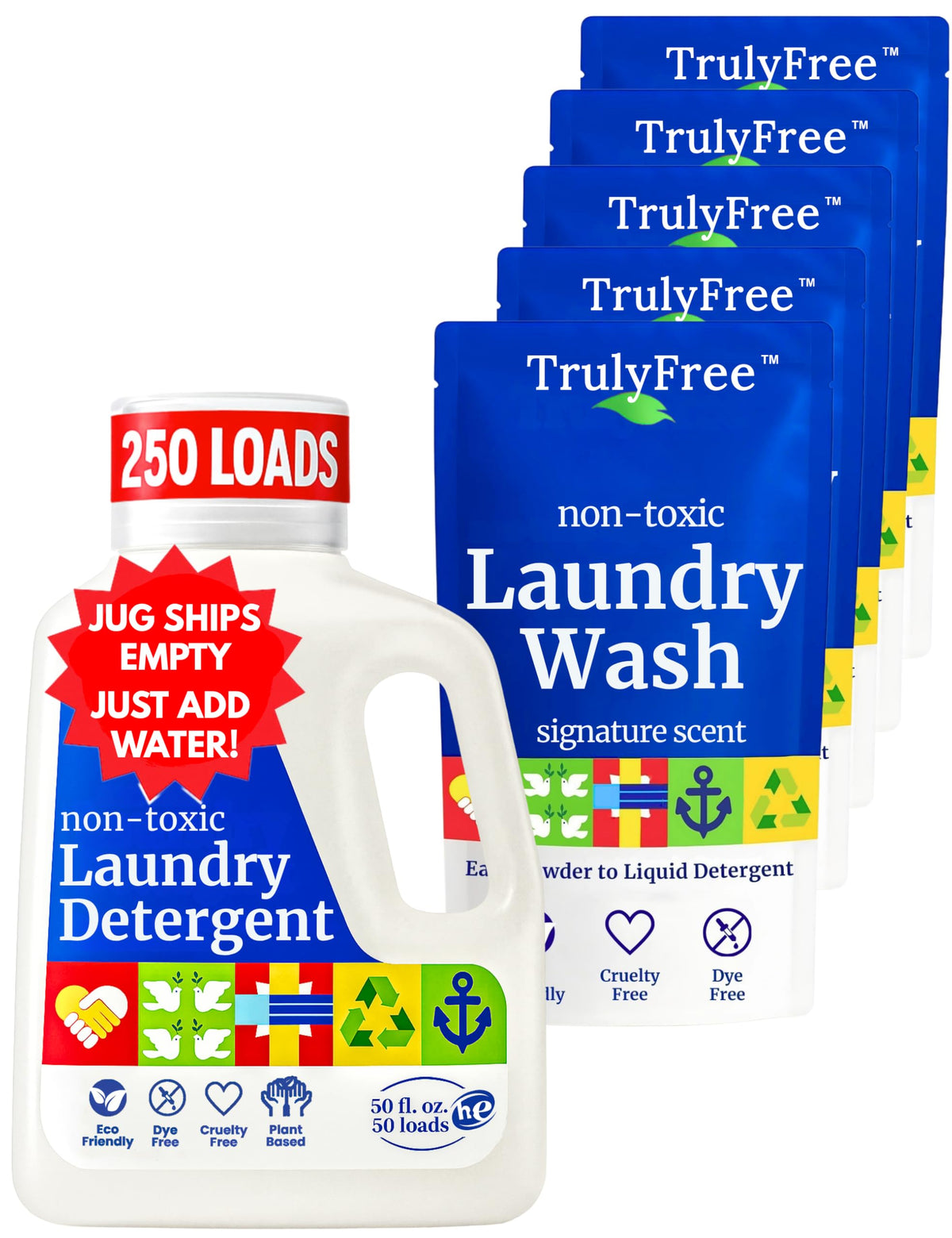 Truly Free laundry detergent bottle pour for easy, gentle cleaning on sensitive skin.