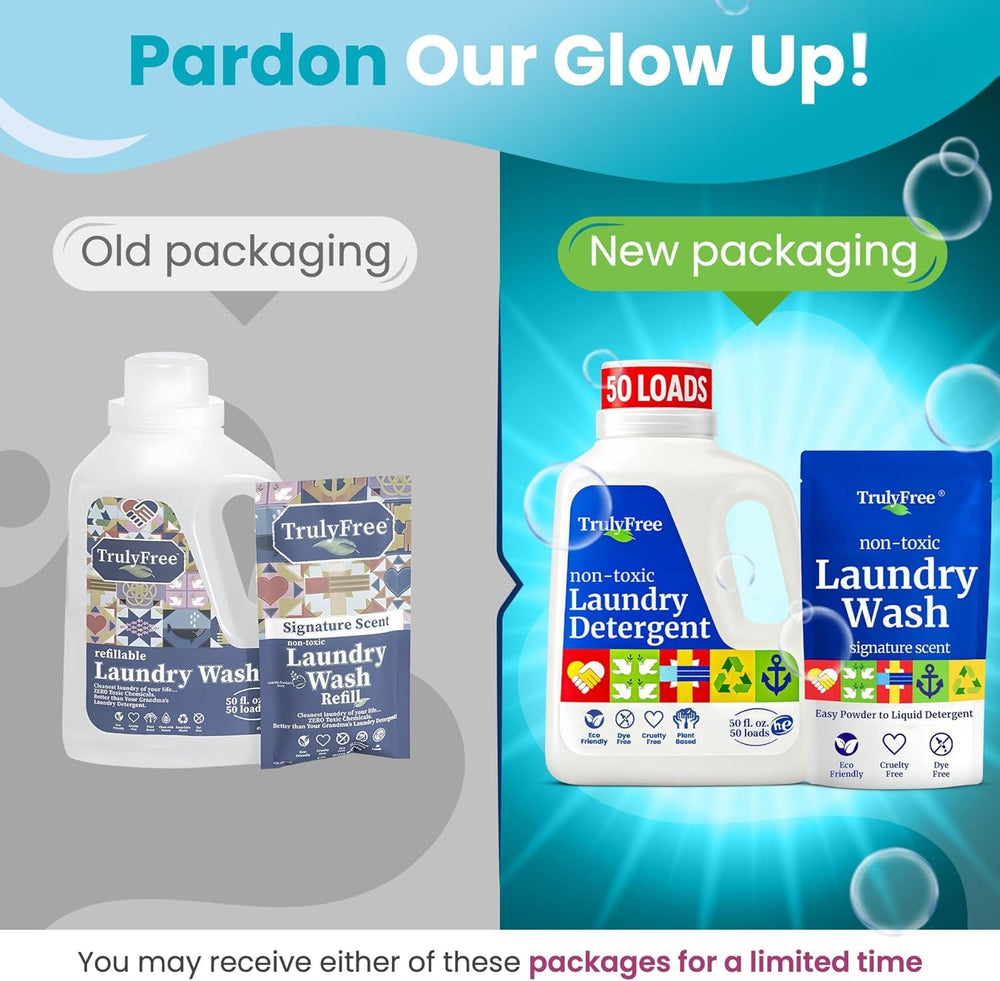 Pouring Truly Free plant-based powder into water to create an eco-friendly cleaner.
