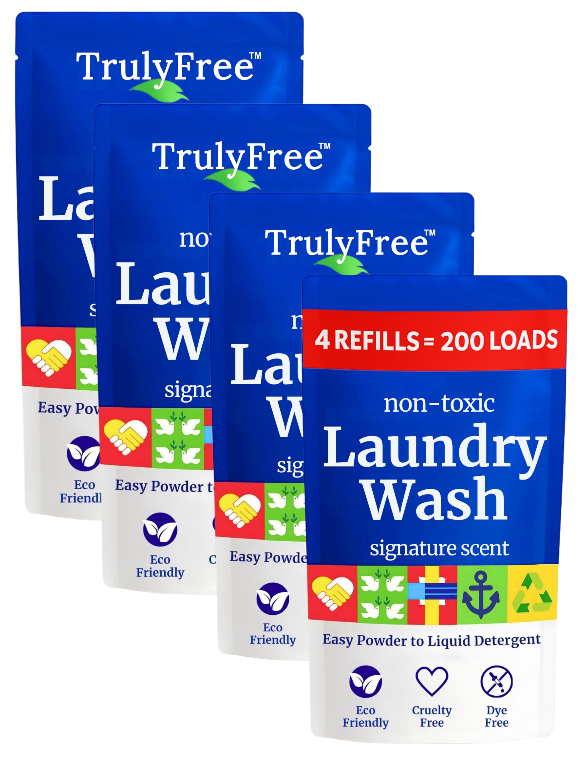 Truly Free powder-to-liquid detergent mixed in a reusable bottle for sensitive-skin laundry.