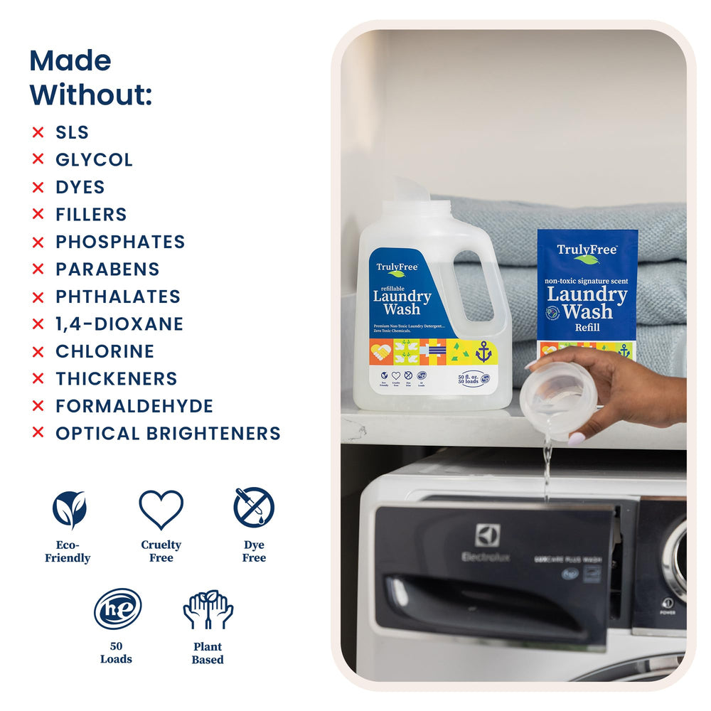 Truly Free refillable bottle supports sustainable laundry routines.