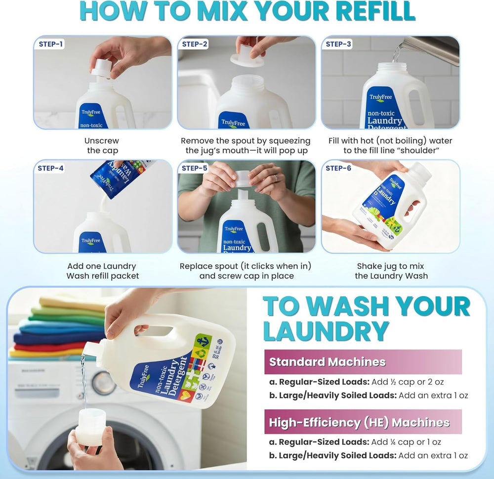 Refillable jug from Truly Free supports sustainable reuse and reduces waste.