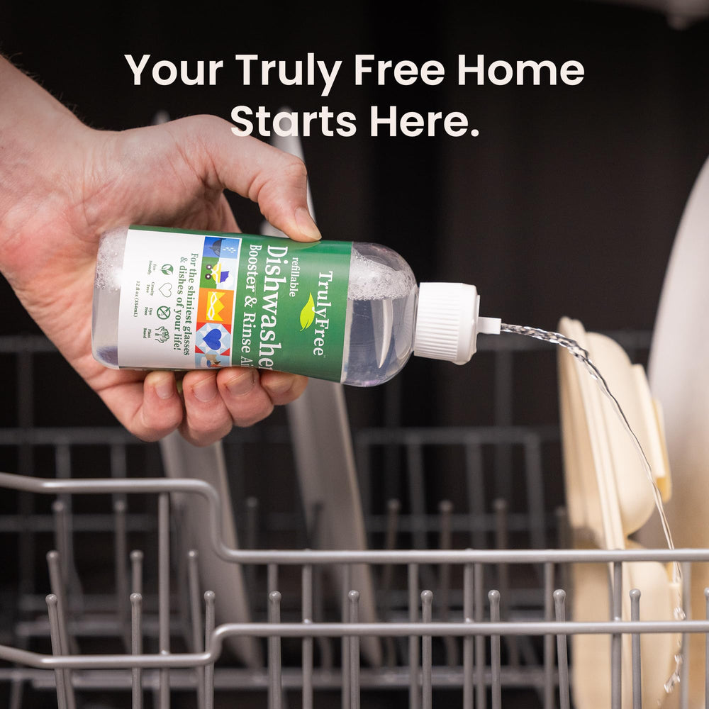 Truly Free water spots removal visual shows hard-water cleaning results.