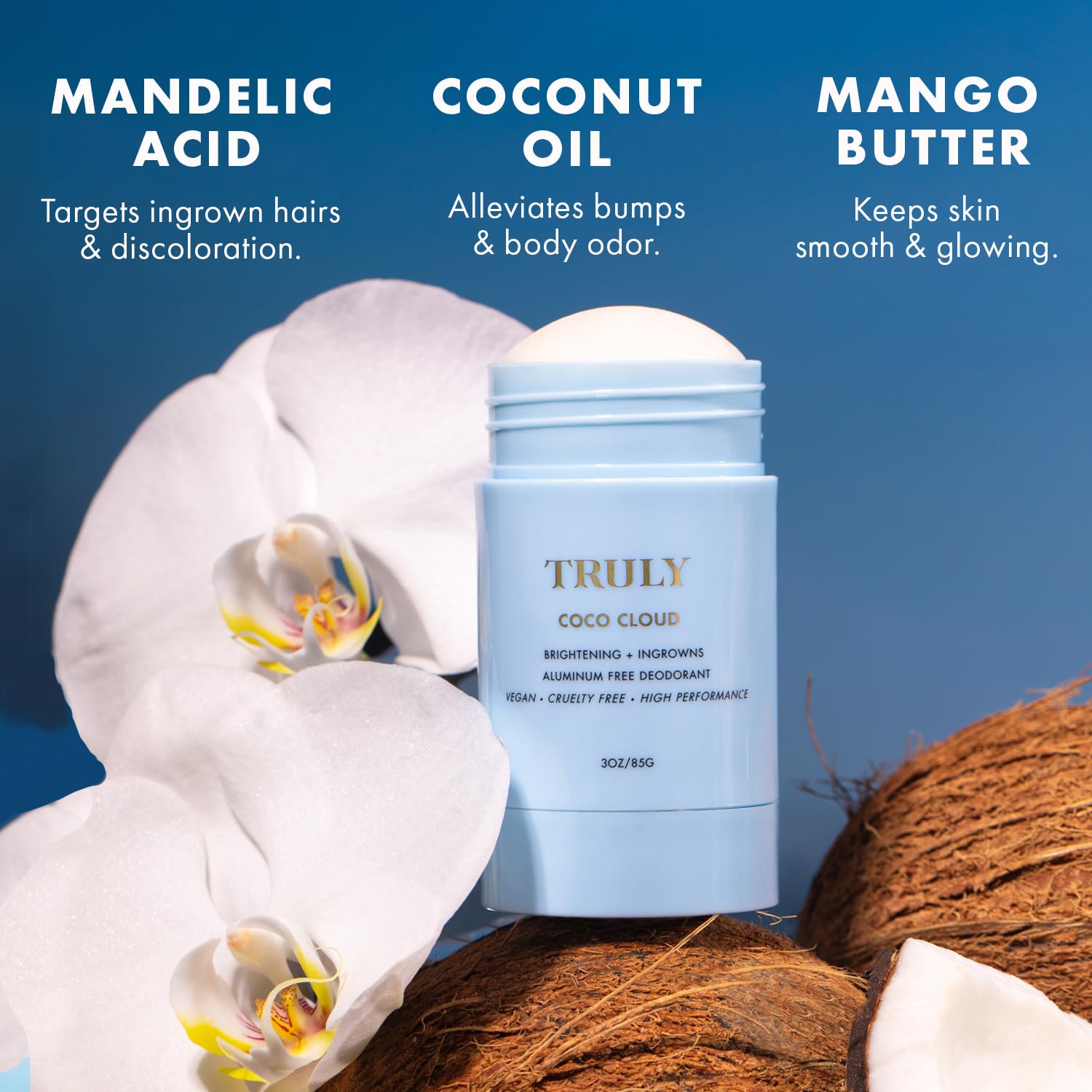 Truly mandelic-acid ingredient emphasizes gentle exfoliation for brighter underarm appearance.