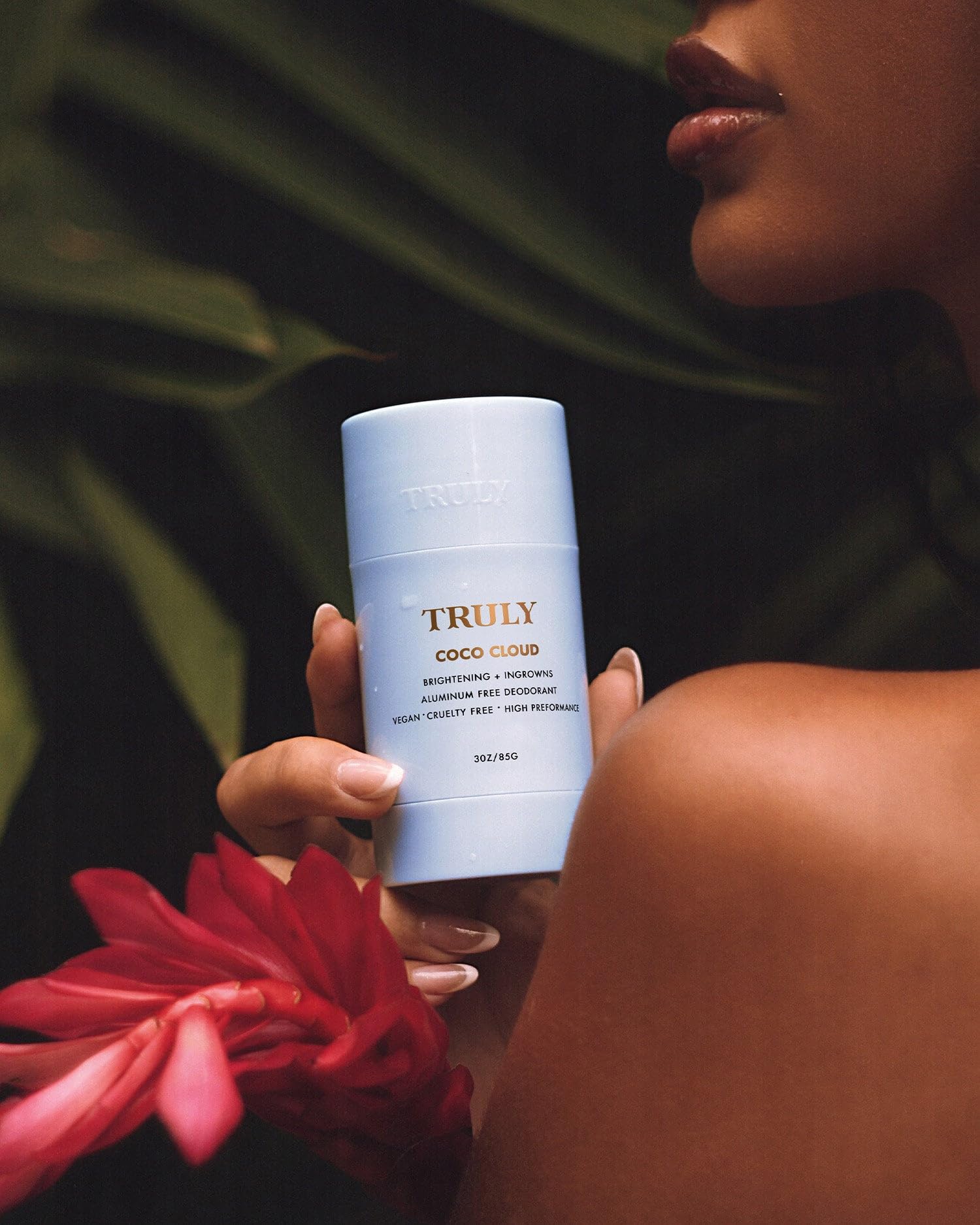 Truly packaging display highlights clean, aluminum-free protection with coconut and vanilla notes.