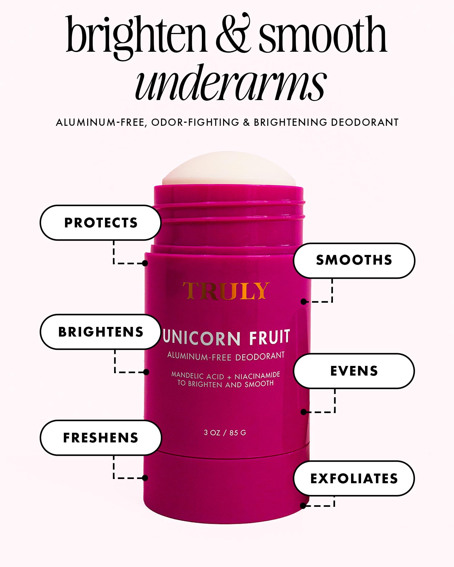 Truly Unicorn Fruit deodorant cap close-up with cotton candy scent notes.