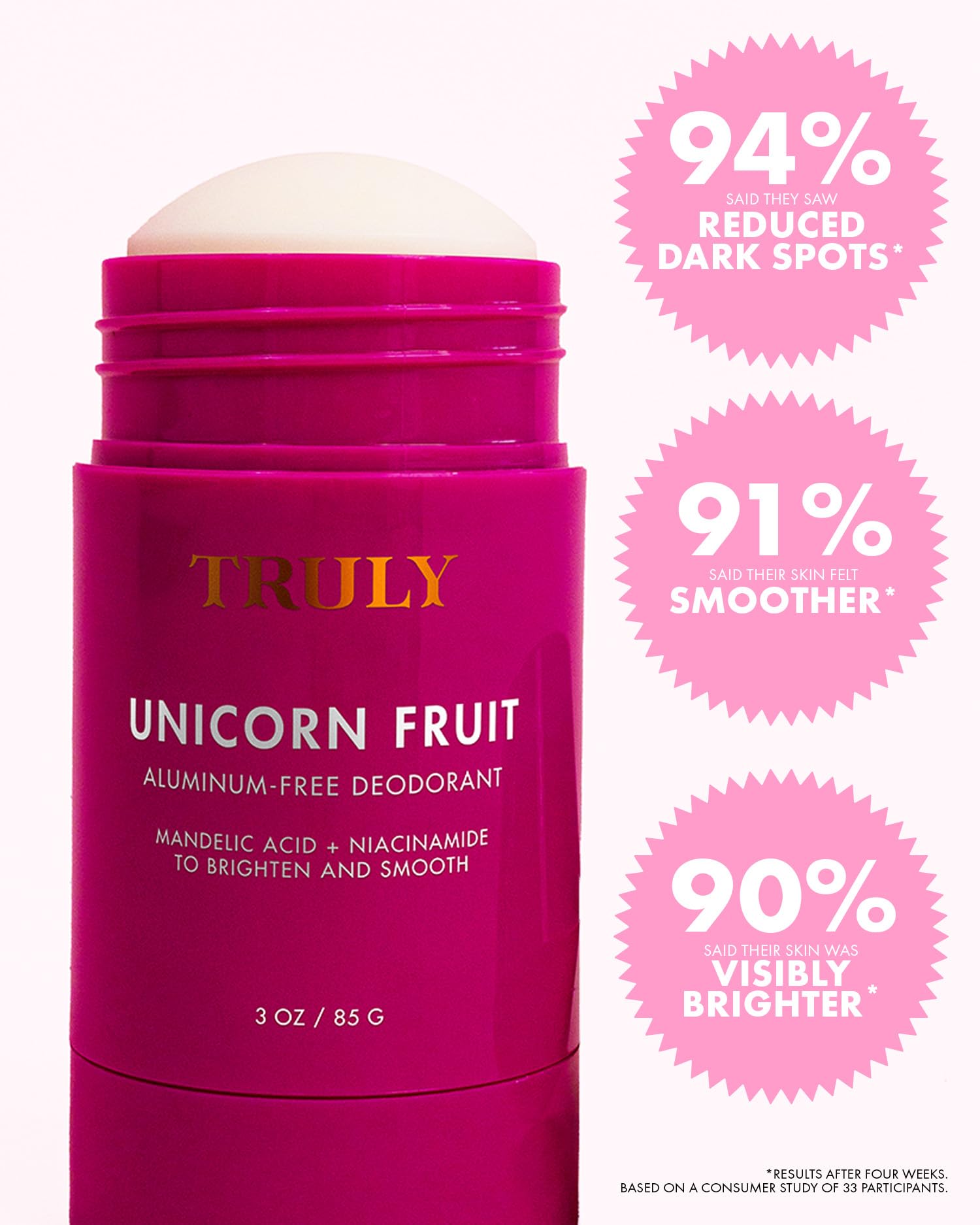 Mango butter detail beside Truly Unicorn Fruit deodorant for skin conditioning.