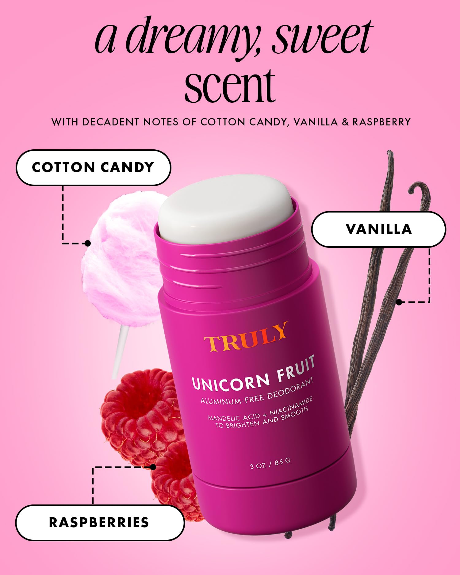 Packaging label shows papaya enzymes in Truly Unicorn Fruit deodorant.