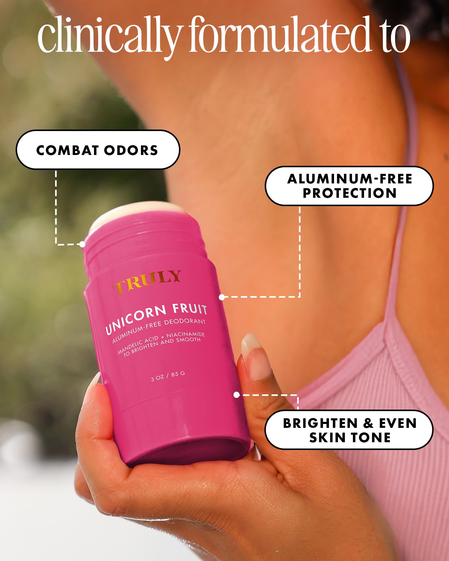 Texture close-up of Truly Unicorn Fruit deodorant with papaya enzymes for gentle exfoliation.
