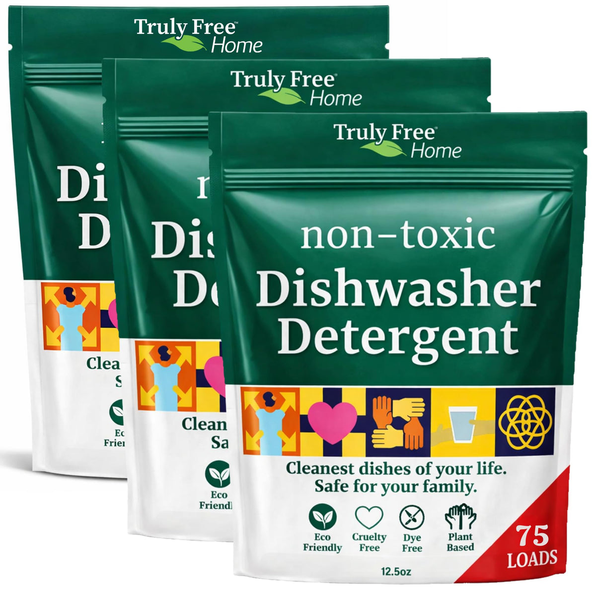 Truly Free dishwasher detergent powder packaging highlights plastic-free design for eco-conscious kitchens.
