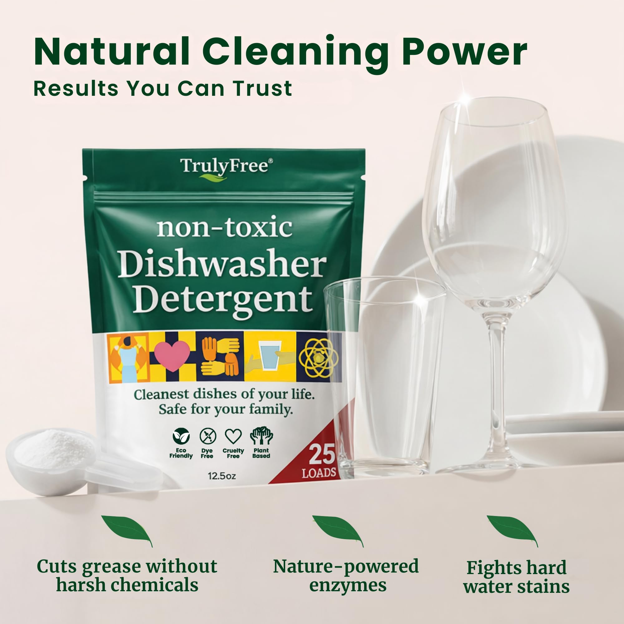 Truly Free powder uses eco-friendly ingredients for safer cleaning.