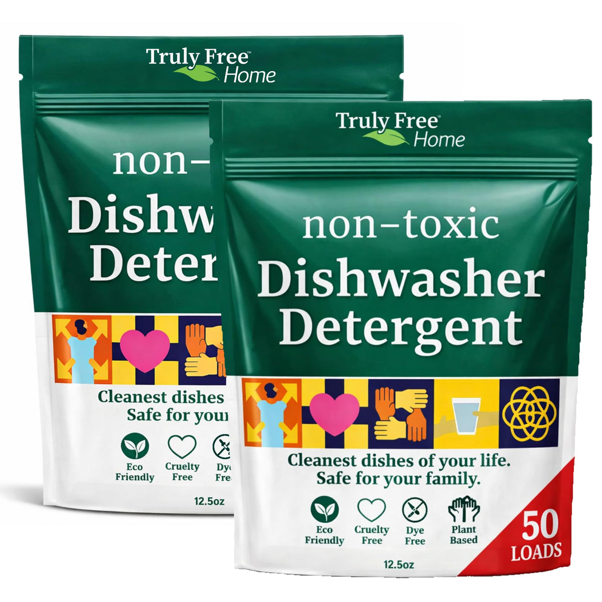 Truly Free dishwasher powder in resealable bag for easy, eco friendly cleaning.