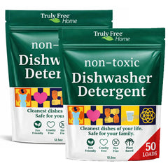 Truly Free dishwasher powder in resealable bag for easy, eco friendly cleaning.