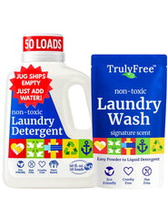 Truly Free powder-to-liquid detergent in action for easy dosing and effective cleaning