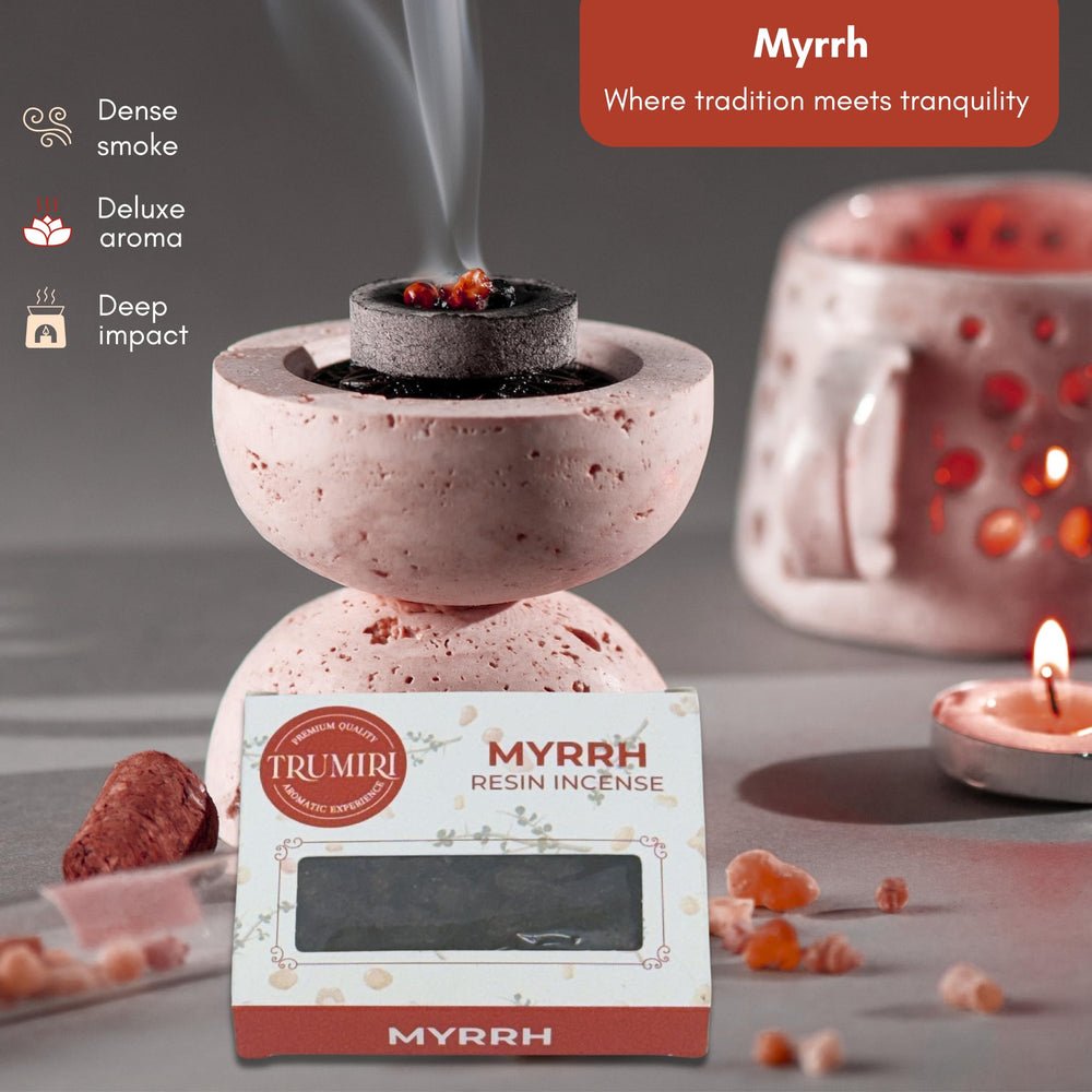 TRUMIRI Mirra frankincense and myrrh blend close-up suggests inviting ambience.