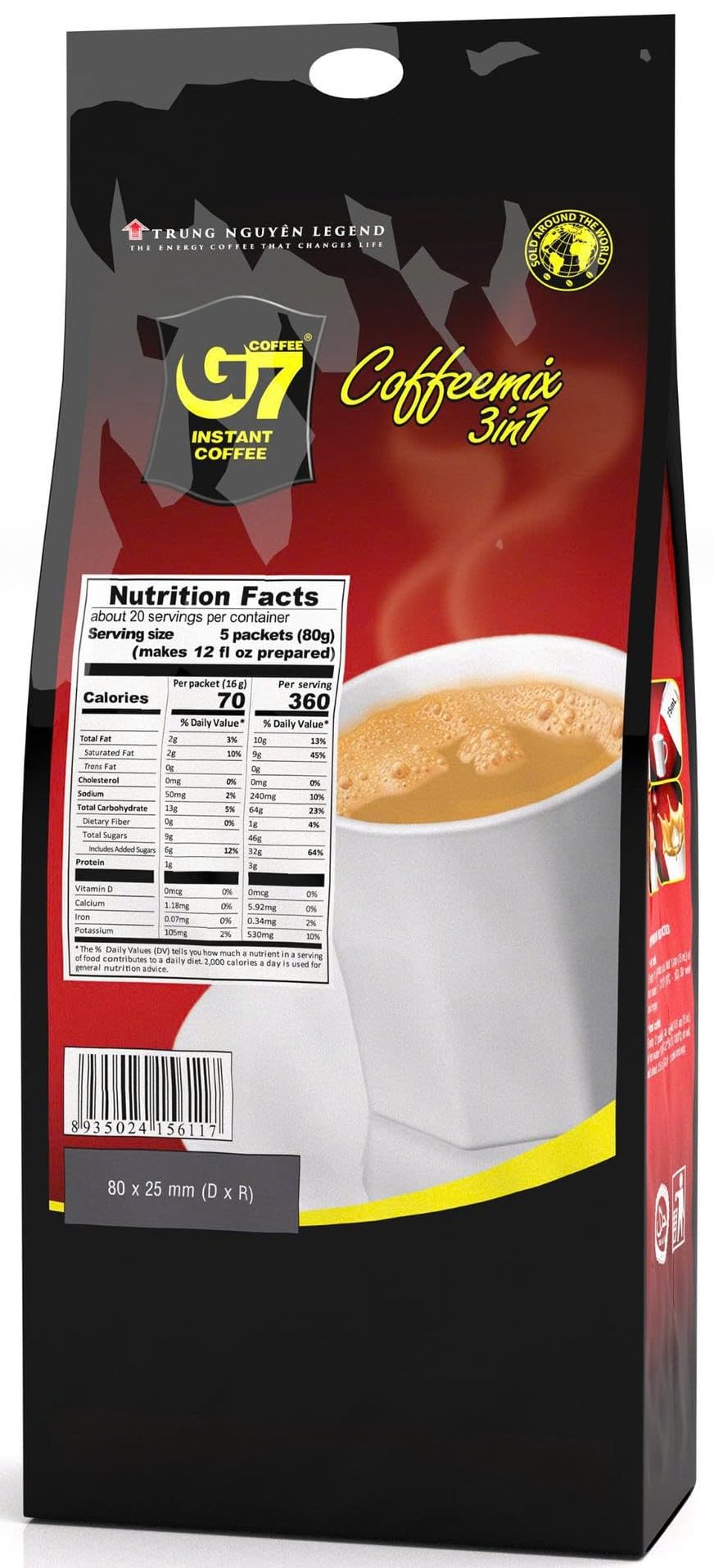 TRUNG NGUYEN LEGEND G7 3in1 ingredients close-up shows convenient single-serve for busy mornings.