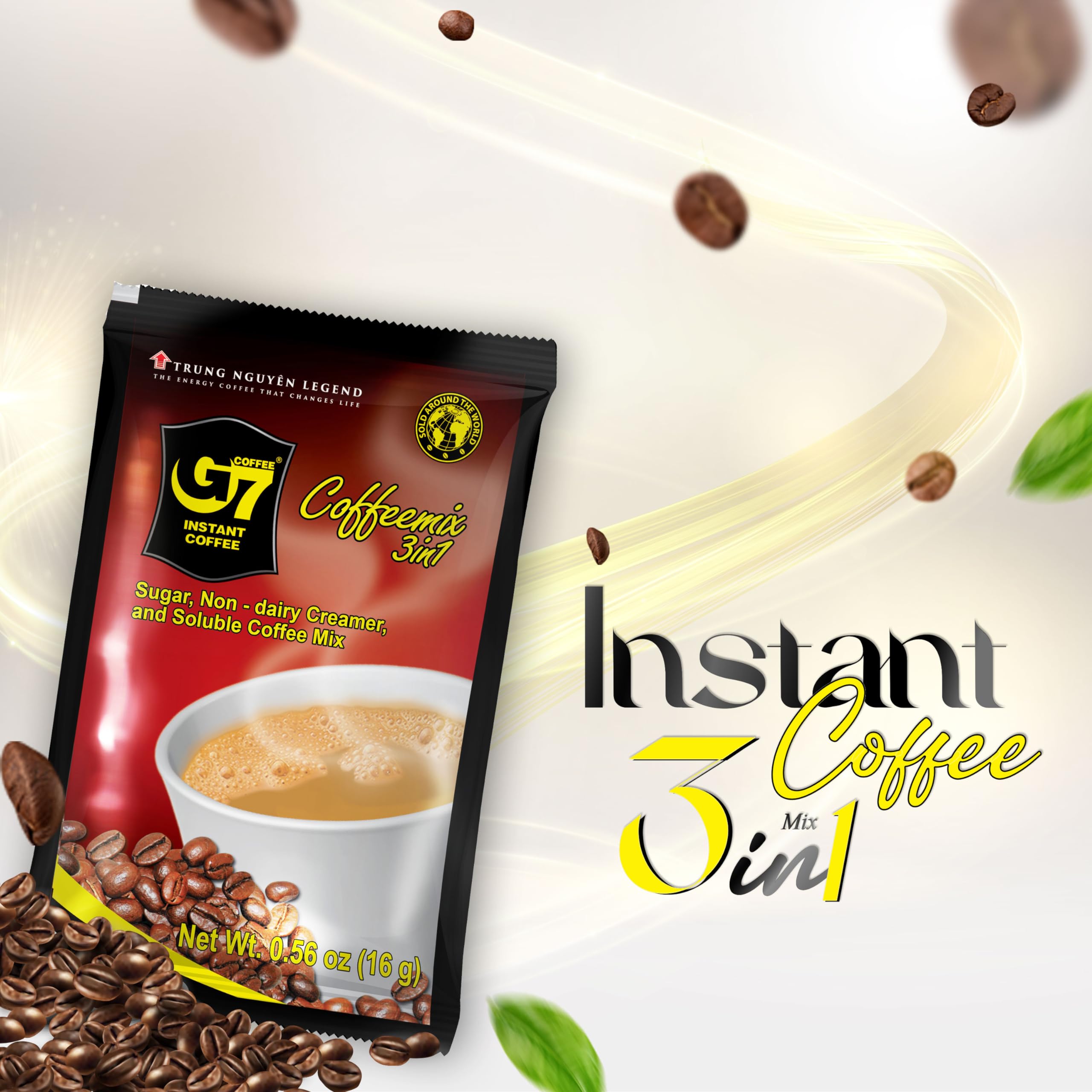 TRUNG NGUYEN Legend G7 cup with cream and sugar demonstrates convenient 3-in-1 preparation.