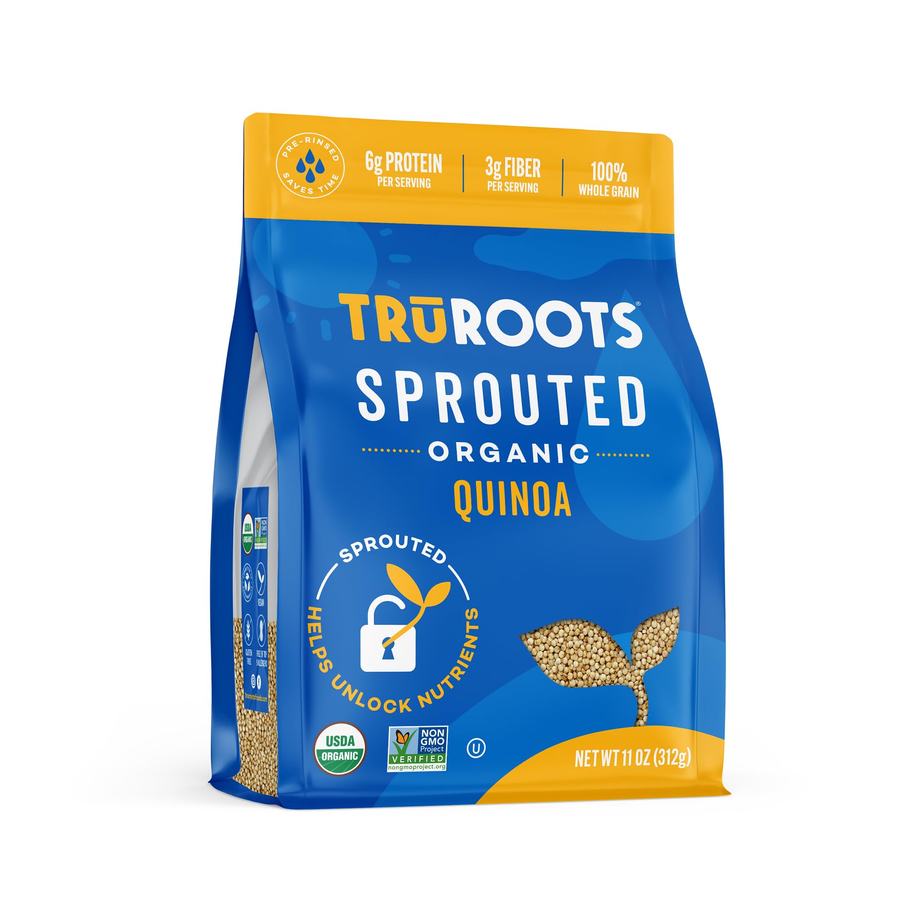 TruRoots organic spouted quinoa pack with label highlighting whole grain origin.