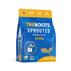 TruRoots organic spouted quinoa pack with label highlighting whole grain origin.