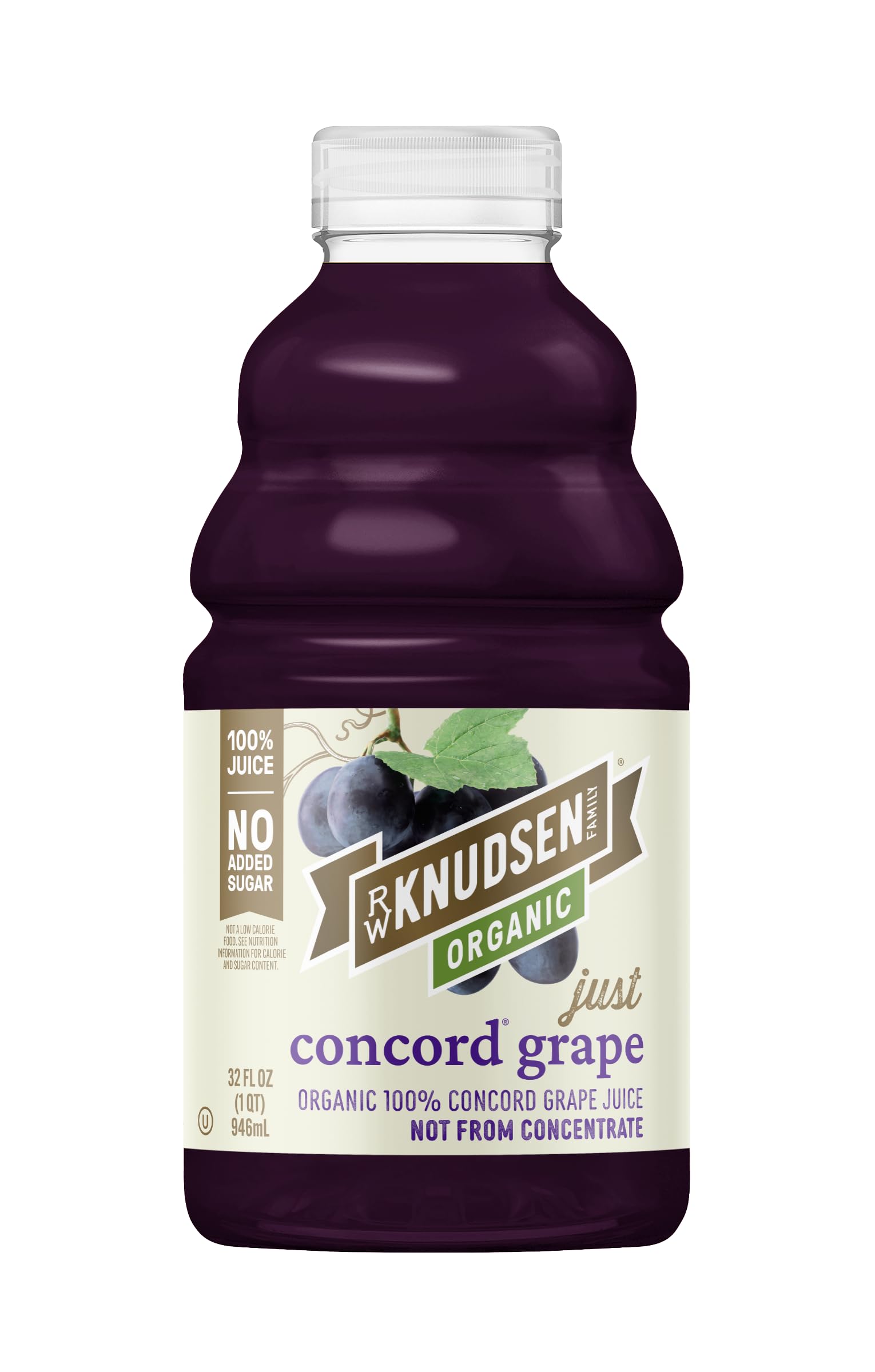 truRoots R.W. Knudsen Organic Just Concord Grape Juice bottle on a kitchen counter, ideal for smoothies.