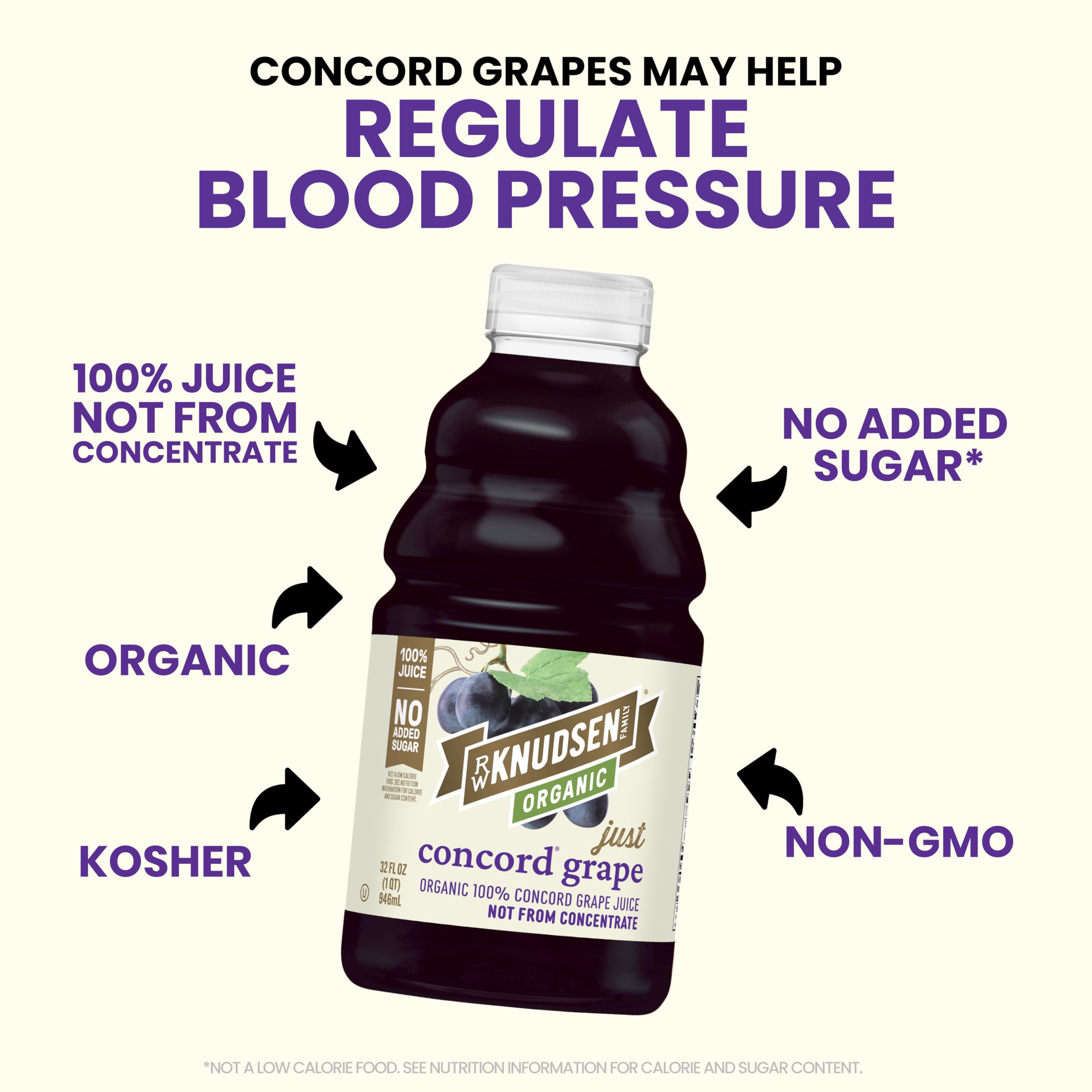 truRoots R.W. Knudsen Organic Just Concord Grape Juice served over ice, fruity flavor ready for everyday enjoyment.