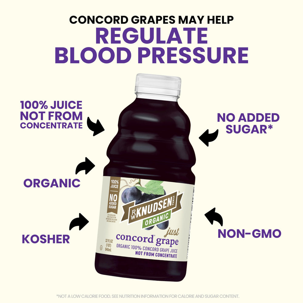 truRoots R.W. Knudsen Organic Just Concord Grape Juice served over ice, fruity flavor ready for everyday enjoyment.