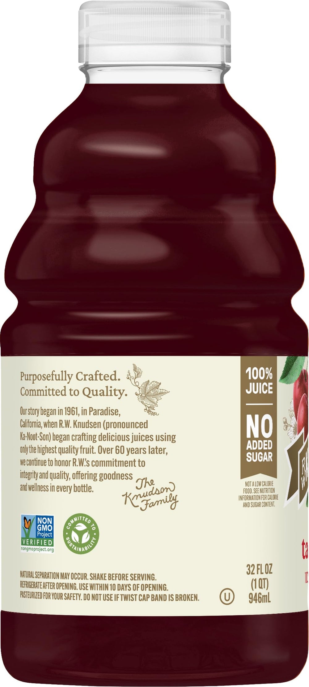 Close-up of the truRoots tart cherry juice label showing USDA Organic certification.