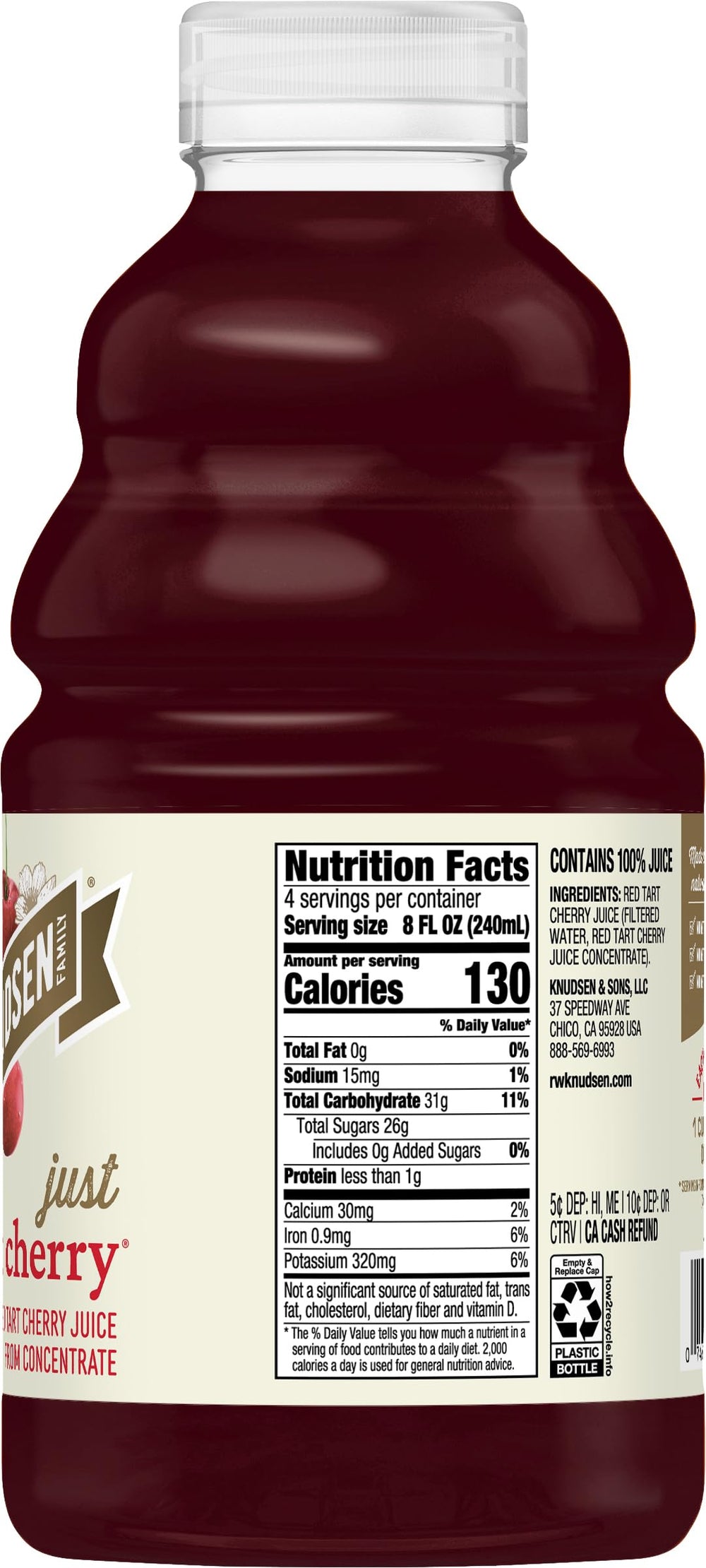 truRoots R.W. Knudsen tart cherry juice poured into a glass for sipping.