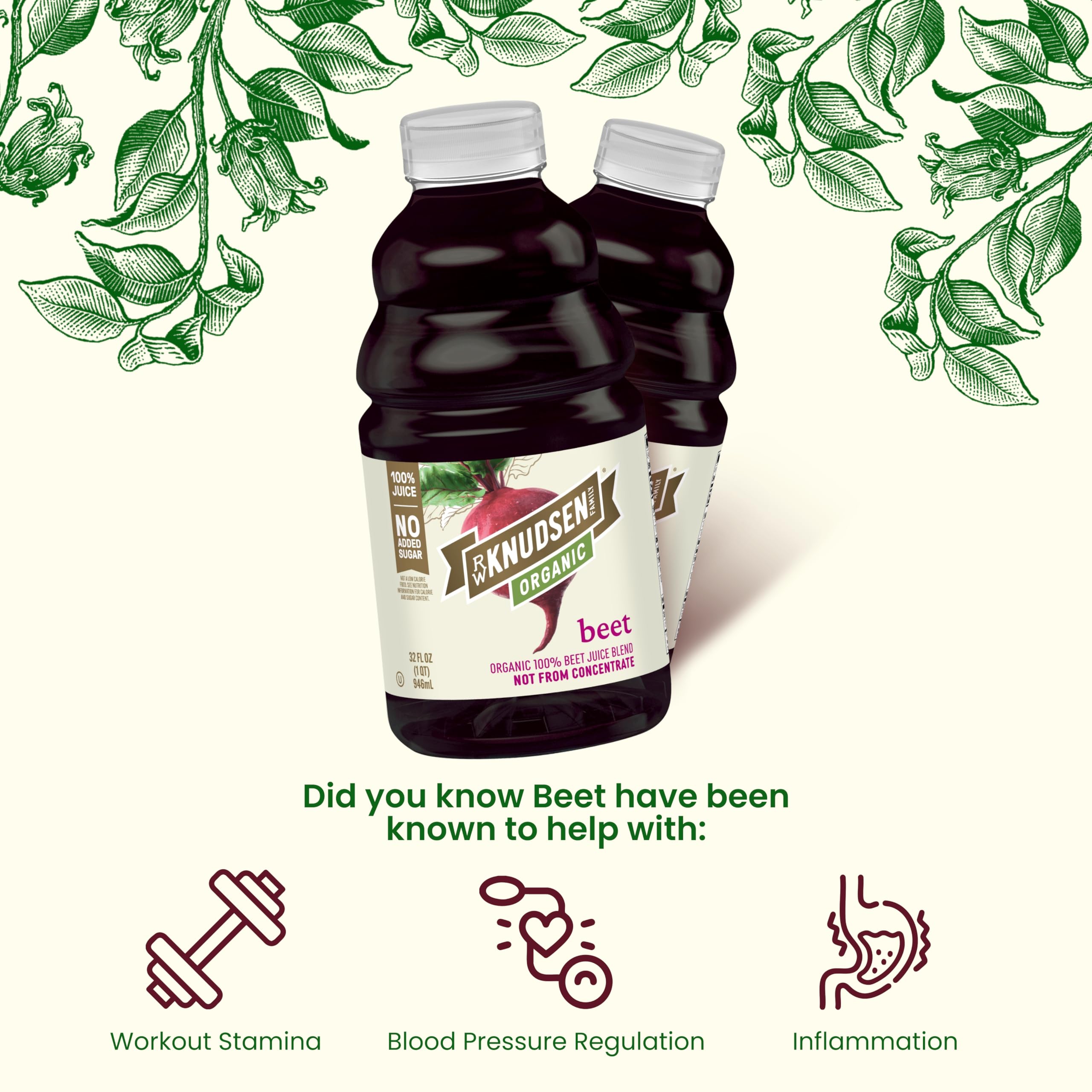 truRoots R.W. Knudsen organic beet juice being poured into a glass.