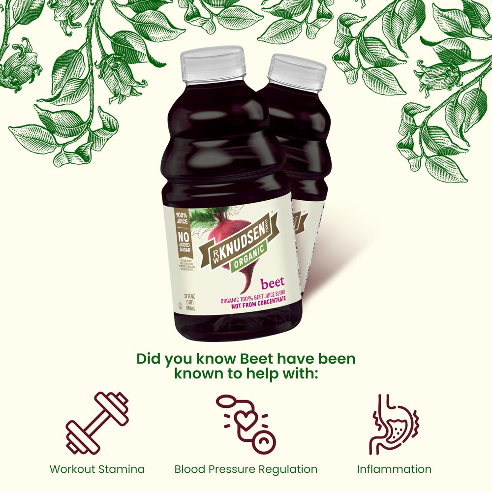 truRoots R.W. Knudsen organic beet juice being poured into a glass.