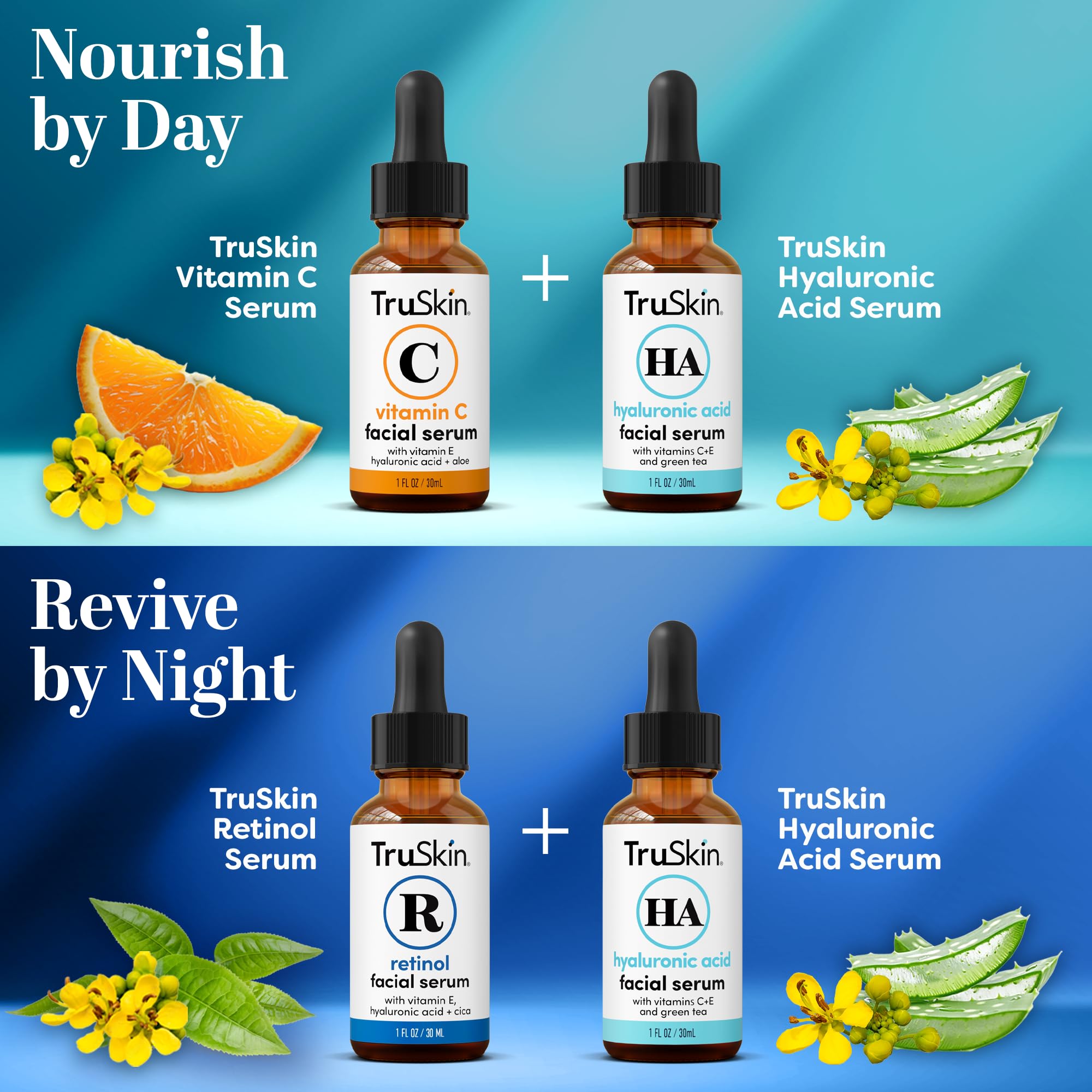 TruSkin Hyaluronic acid serum bottle delivers hydration for plumper skin.