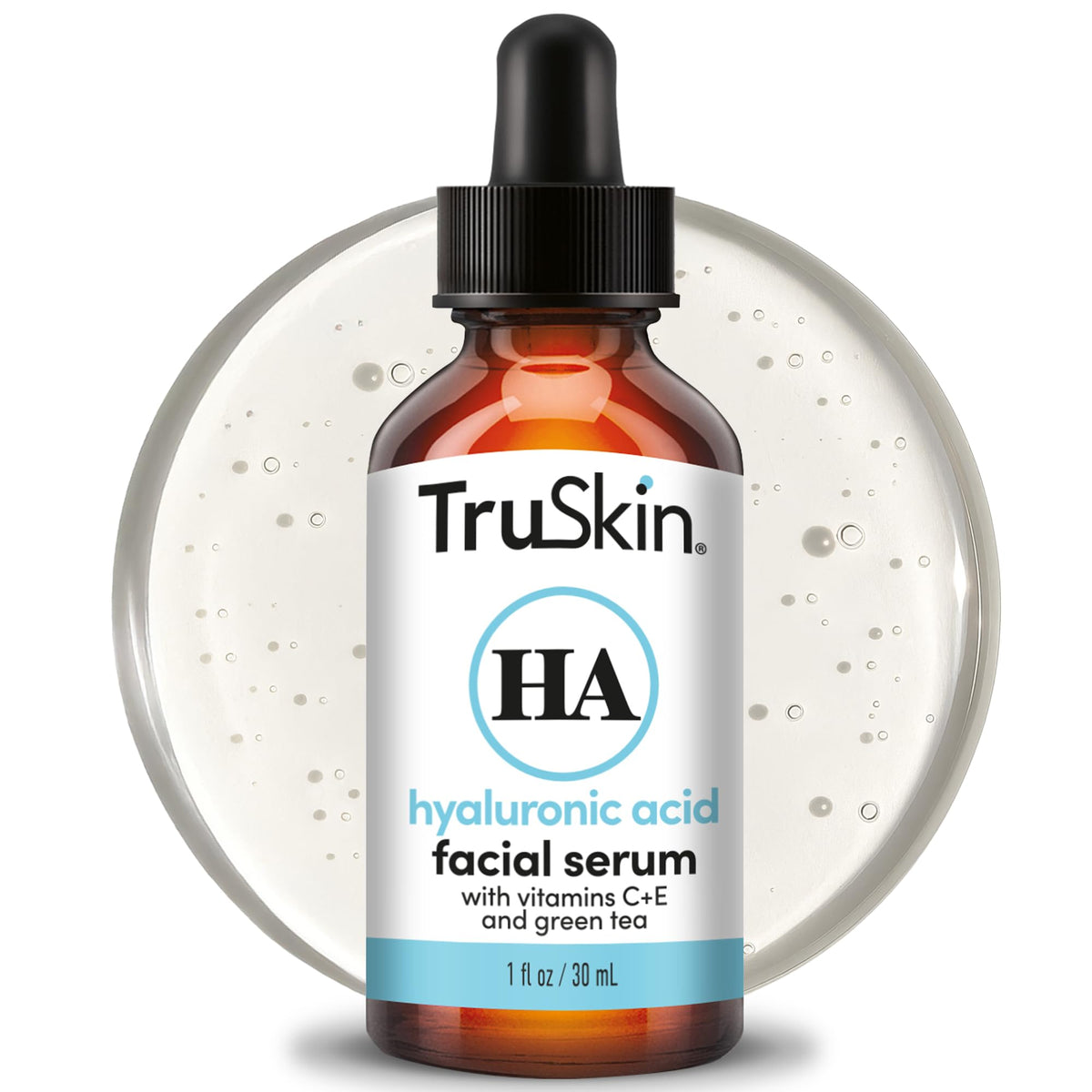 TruSkin Hyaluronic Serum bottle close-up showing hydration-focused formula.