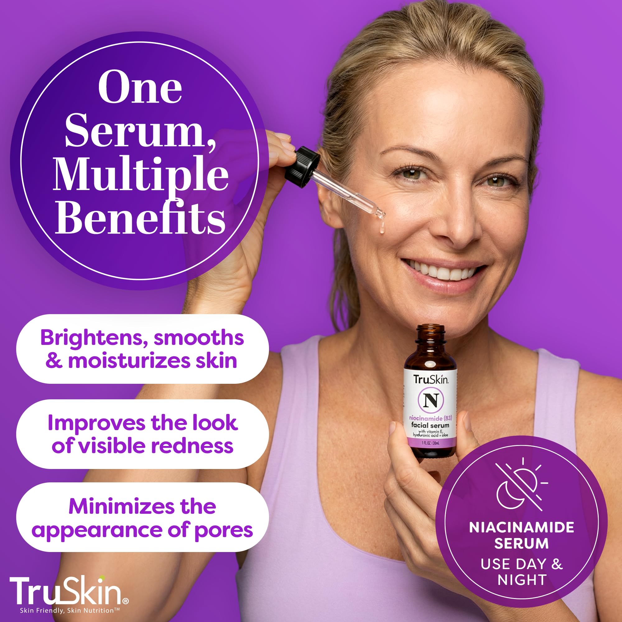 Dewy TruSkin serum droplets highlighting hydration with hyaluronic acid