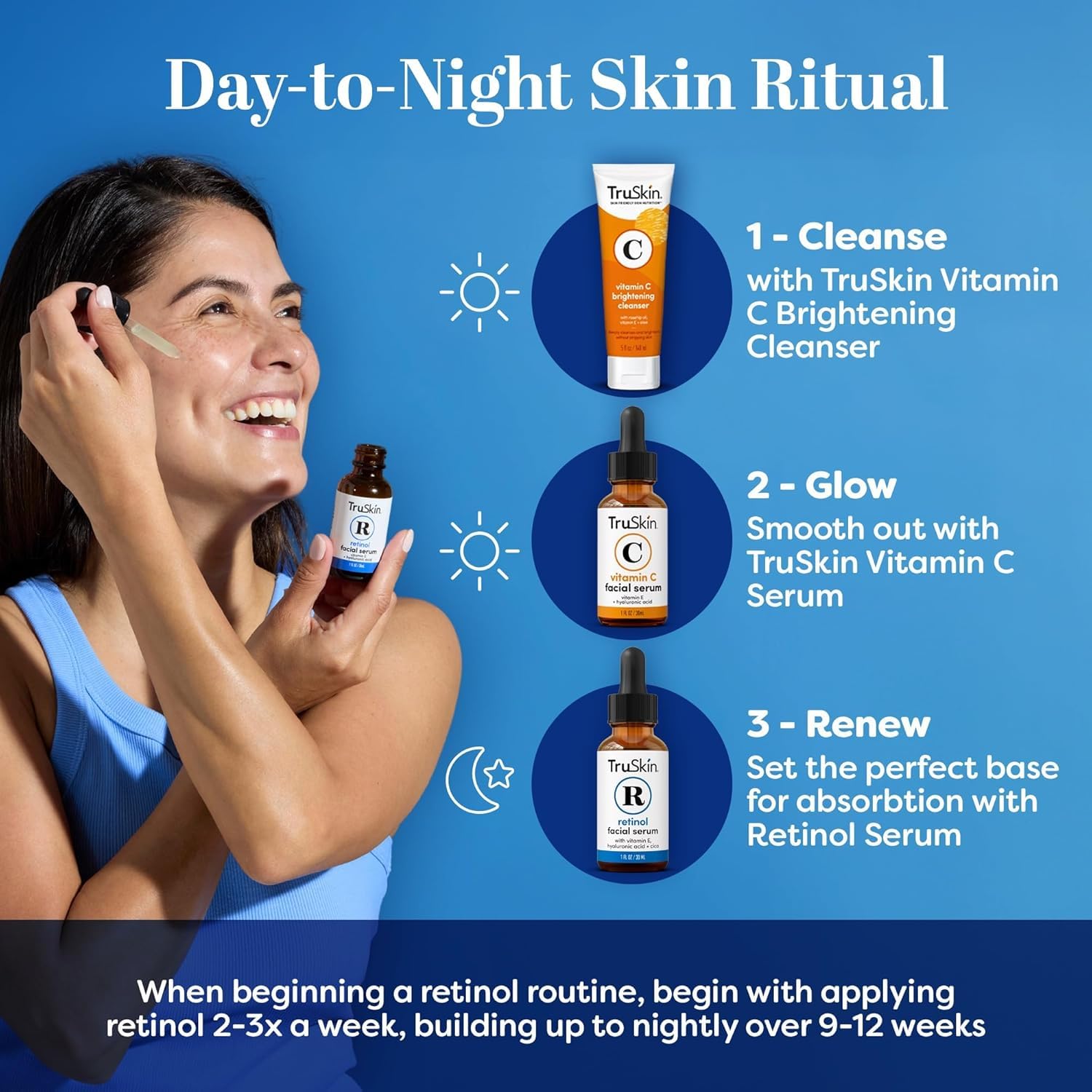 TruSkin night routine setup featuring the serum bottle.