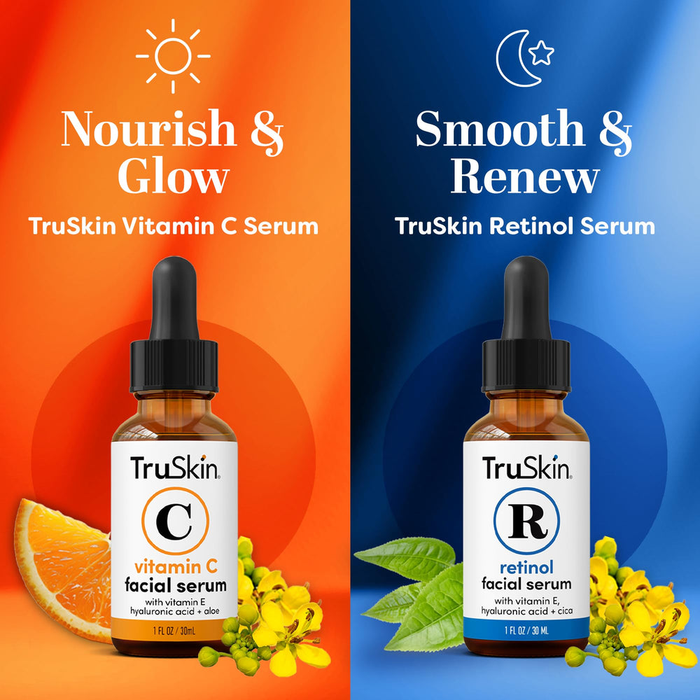 TruSkin Retinol serum bottle refines texture during nighttime routines.