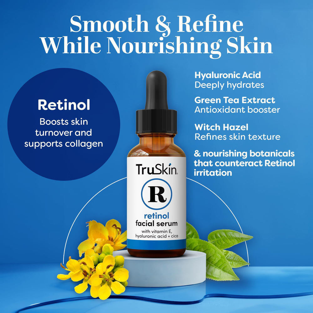 TruSkin retinol serum dropper dispensing drops on clean skin.
