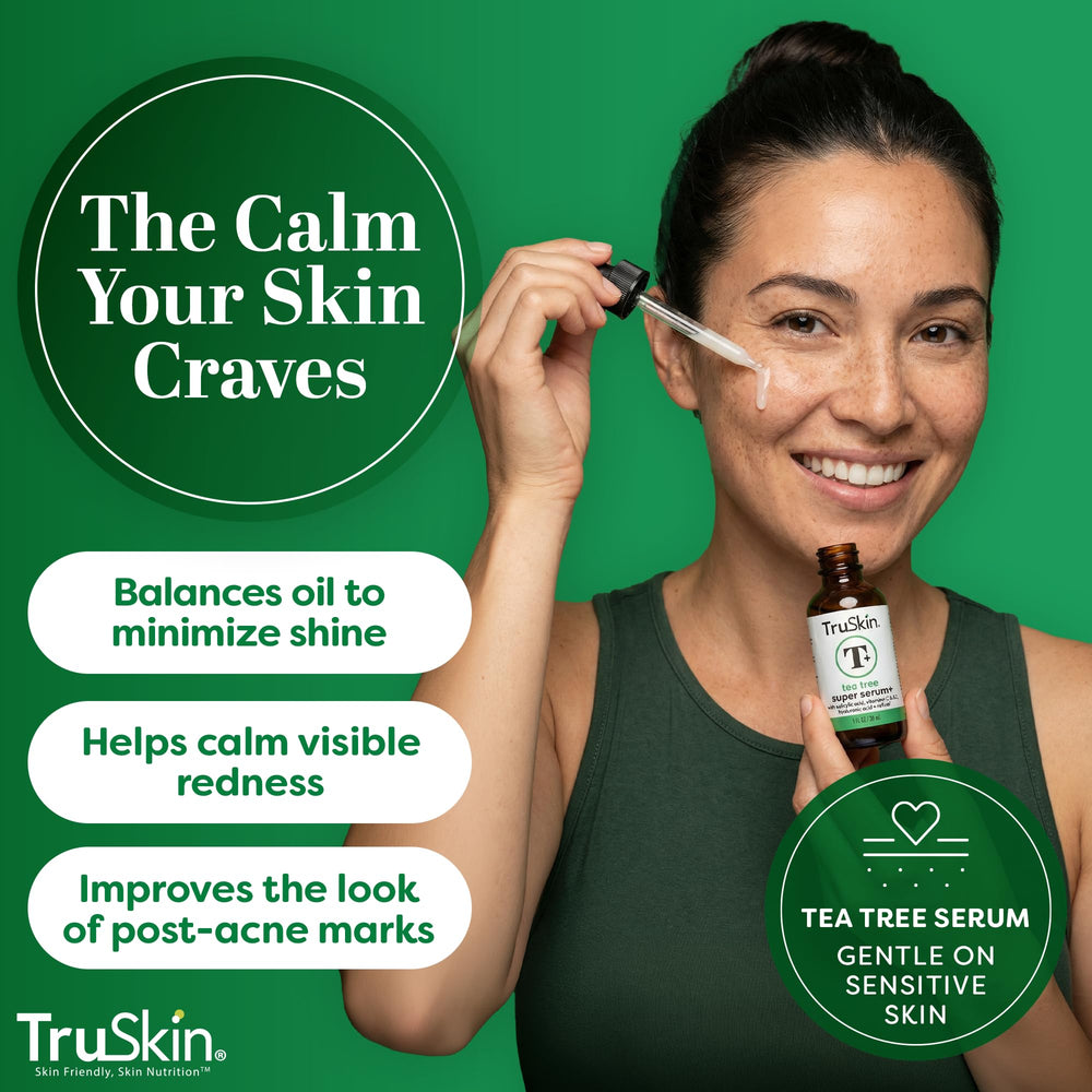 TruSkin Tea Tree Oil Serum applied to the face, showcasing lightweight texture.