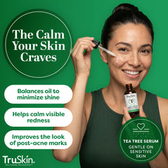 TruSkin Tea Tree Oil Serum applied to the face, showcasing lightweight texture.