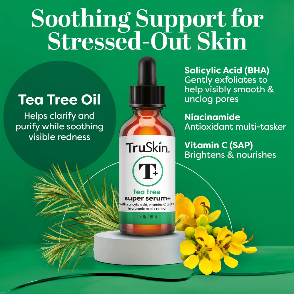 TruSkin Tea Tree Oil Serum dropper dispensing for precise blemish care.